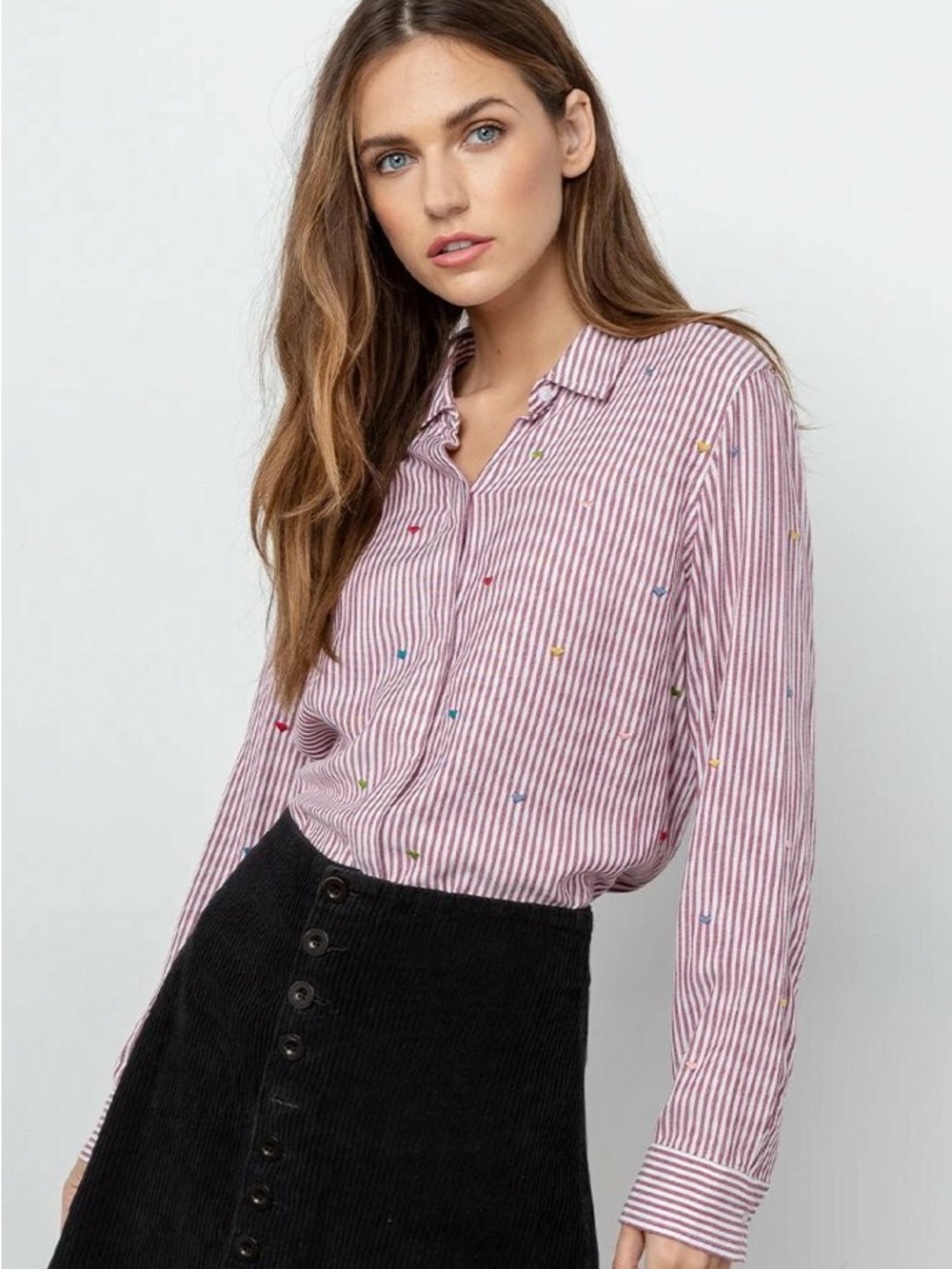 Rails Pink Marseille Striped Embroidered Rainbow Heart Button-Down Shirt